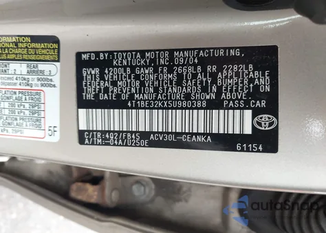 2005 Toyota Camry Le z USA, uszkodzony, nr VIN 4T1BE32KX5U980388